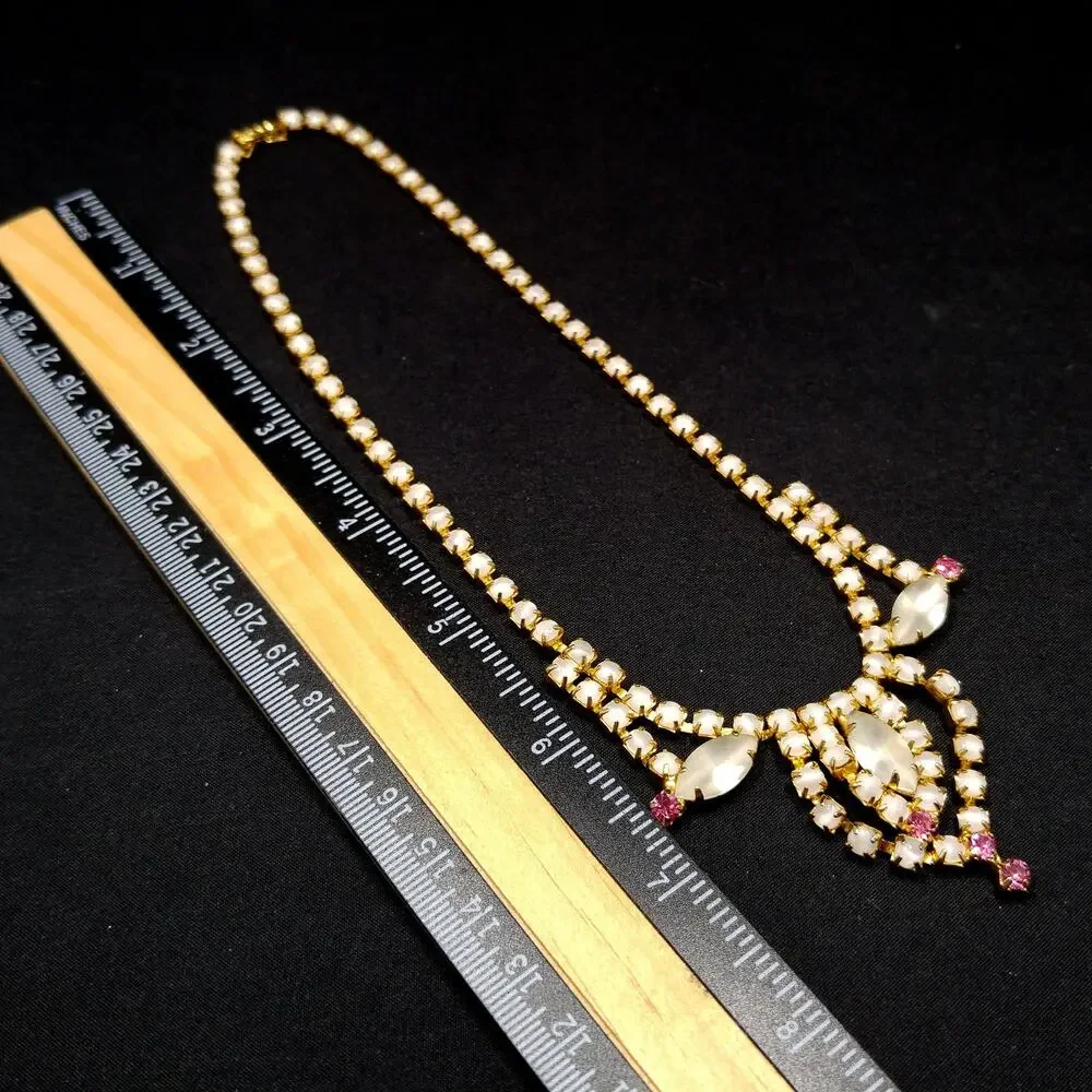 Frosty White Pink Rhinestone Necklace, Gold Plated, 1960s Vintage Jewelry